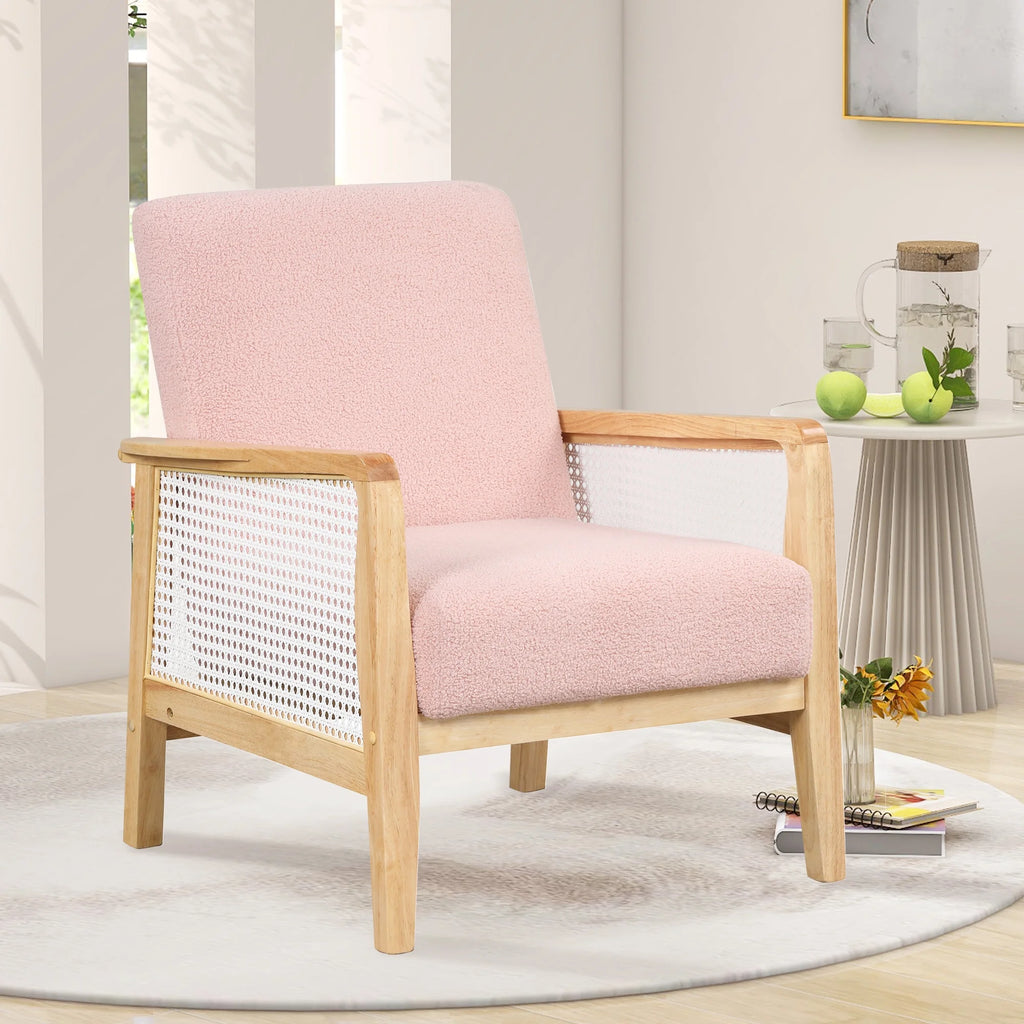 Pink Teddy Short Plush Particle Velvet Rattan Mesh Upholstered Accent Armchair T635
