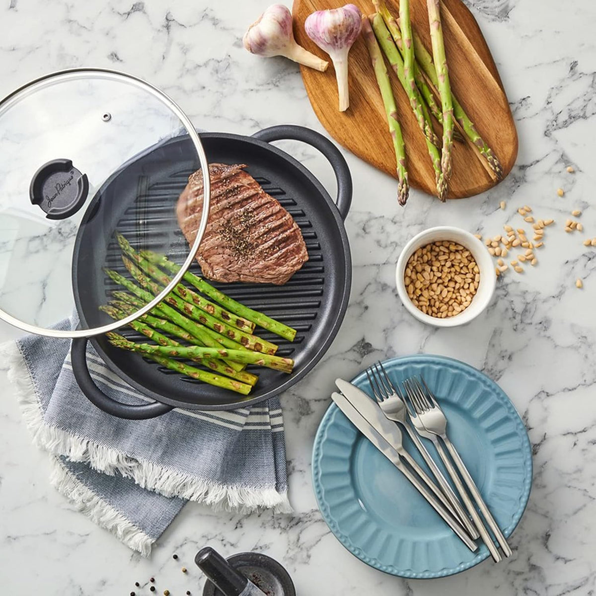 Cast Aluminium Griddle Pan with Glass Lid, 10.6 Diameter, Non-Stick H1789