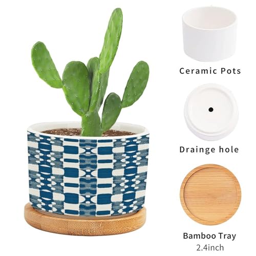 Blue and White Ceramic Planters with Drainage Holes and Saucers Q533298