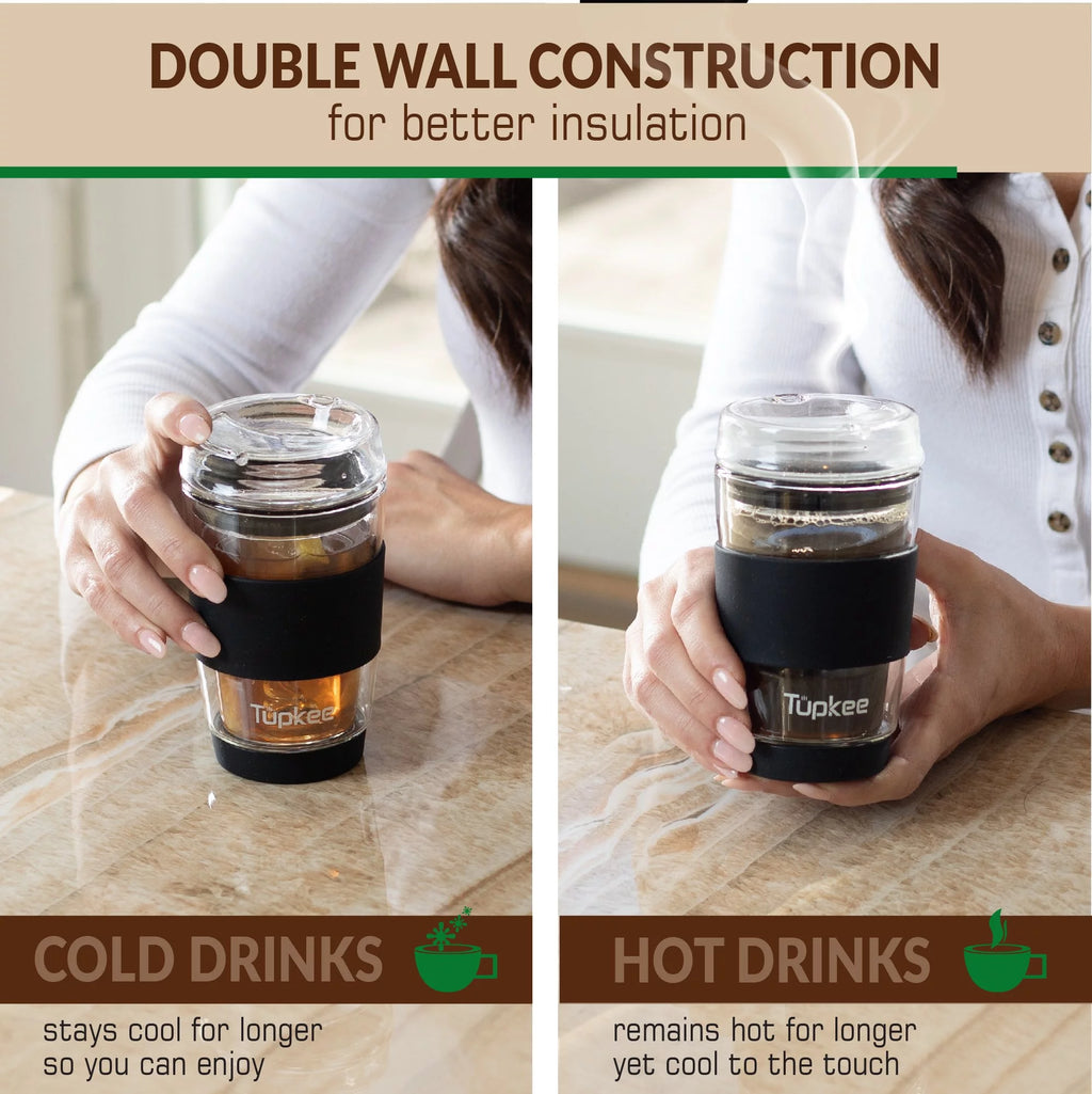 Black 8-Ounce Double Wall Glass Tumbler with Lid C821192