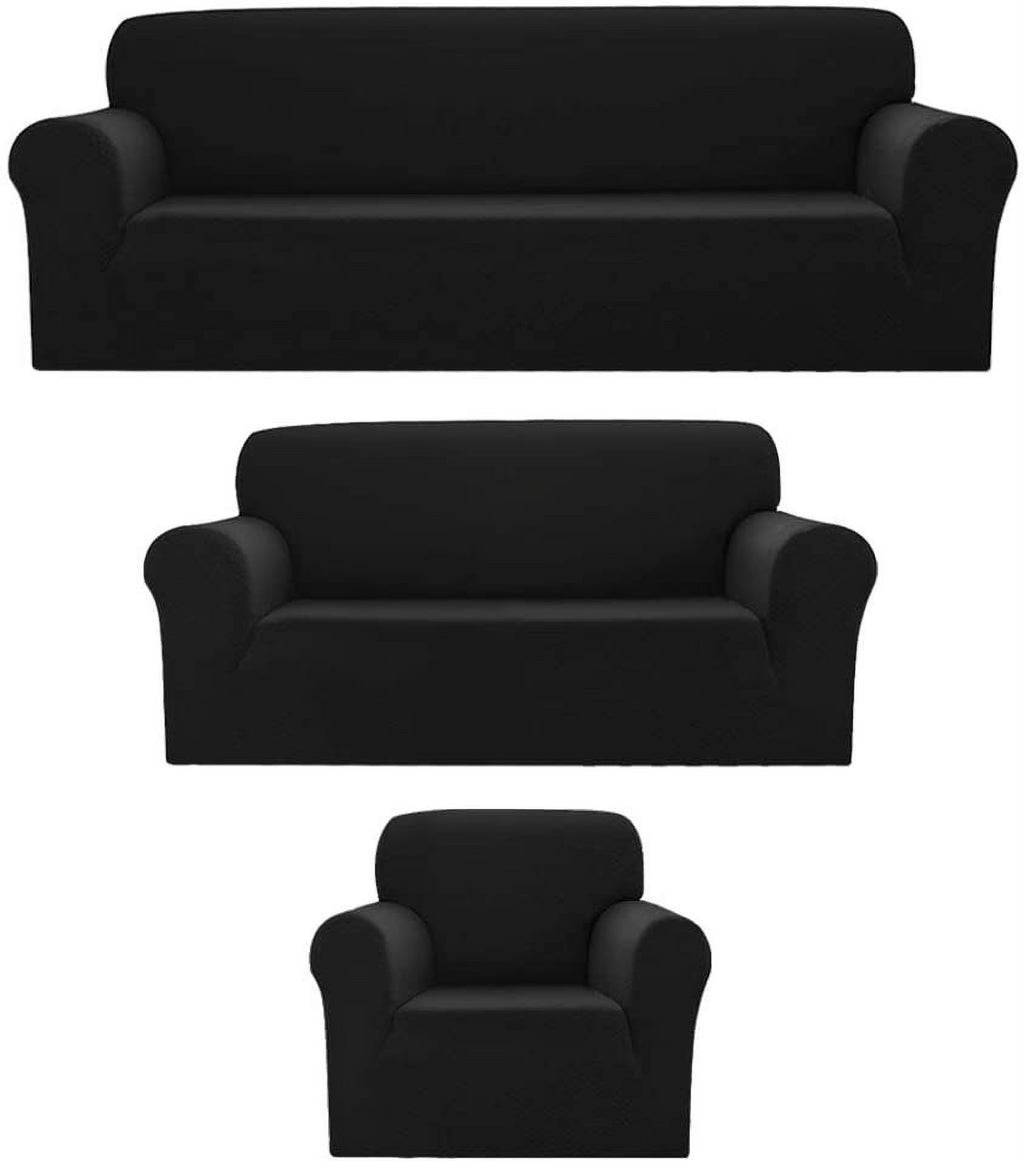 Black Polyester Spandex 3pc SlipCover Set for Sofa Loveseat Couch O5152