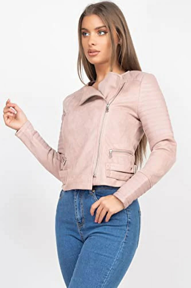 Quilted Sleeves Zip-Up Biker Jacket J293788