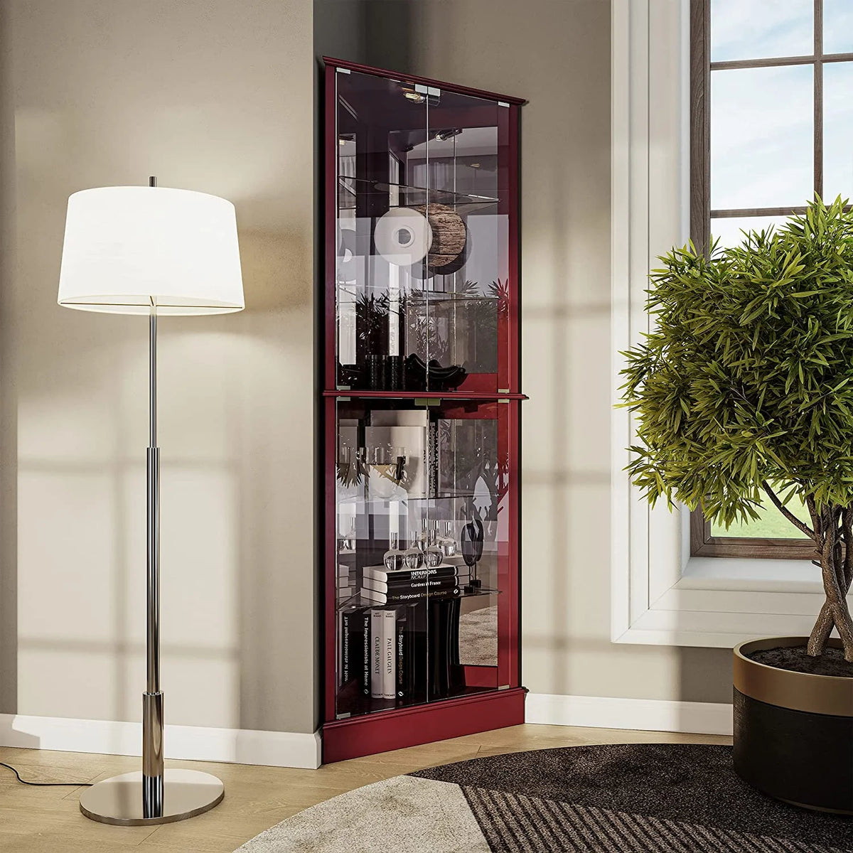 Lighted Corner Curio Cabinet with Tempered Glass Door, 6 Shelves U55795