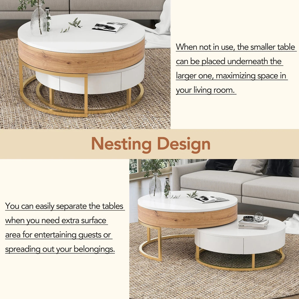 Round Lift-top Nesting Coffee Tables with 2 Drawers V802