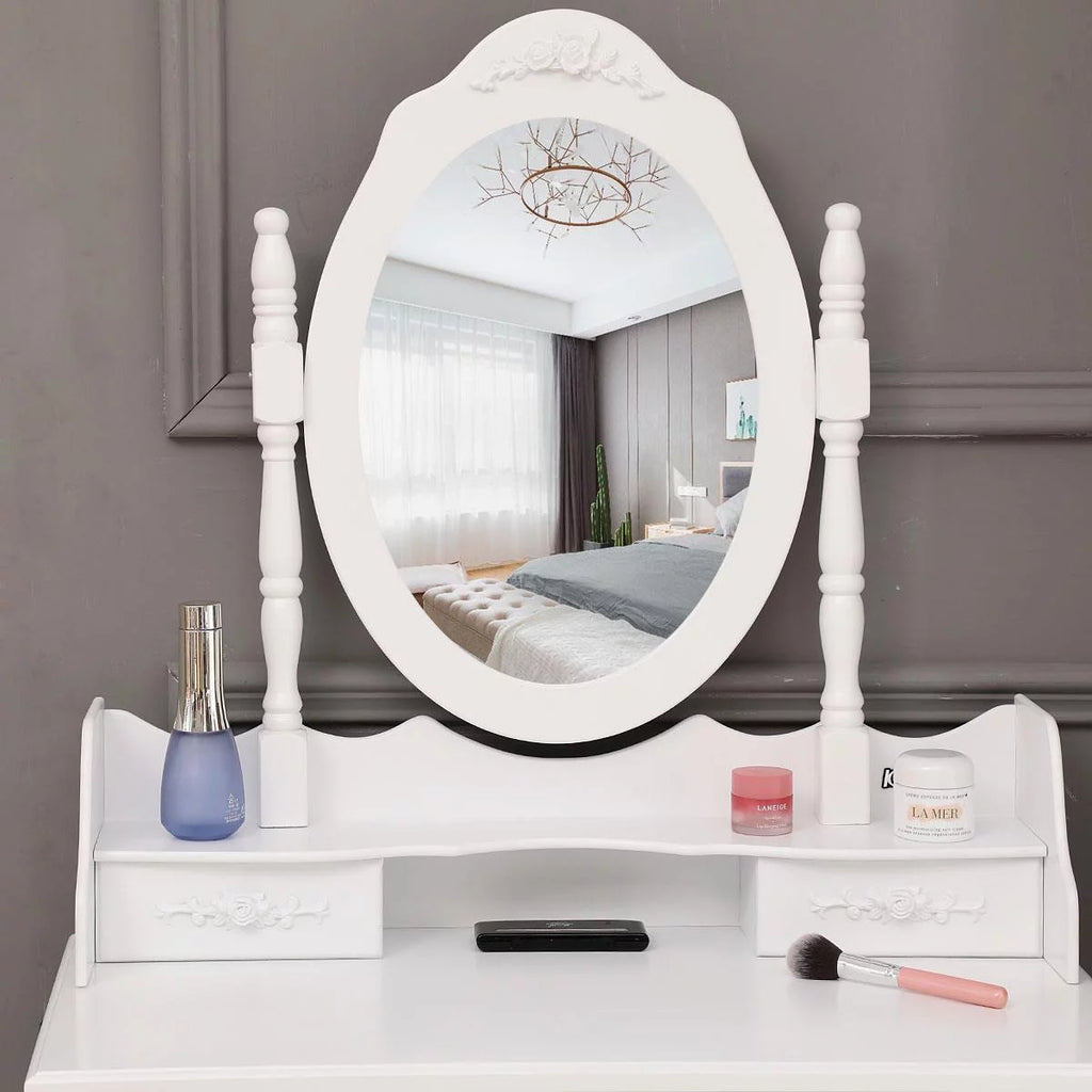 White Vanity Table and Stool Set with 4 Drawers & Mirror H34253