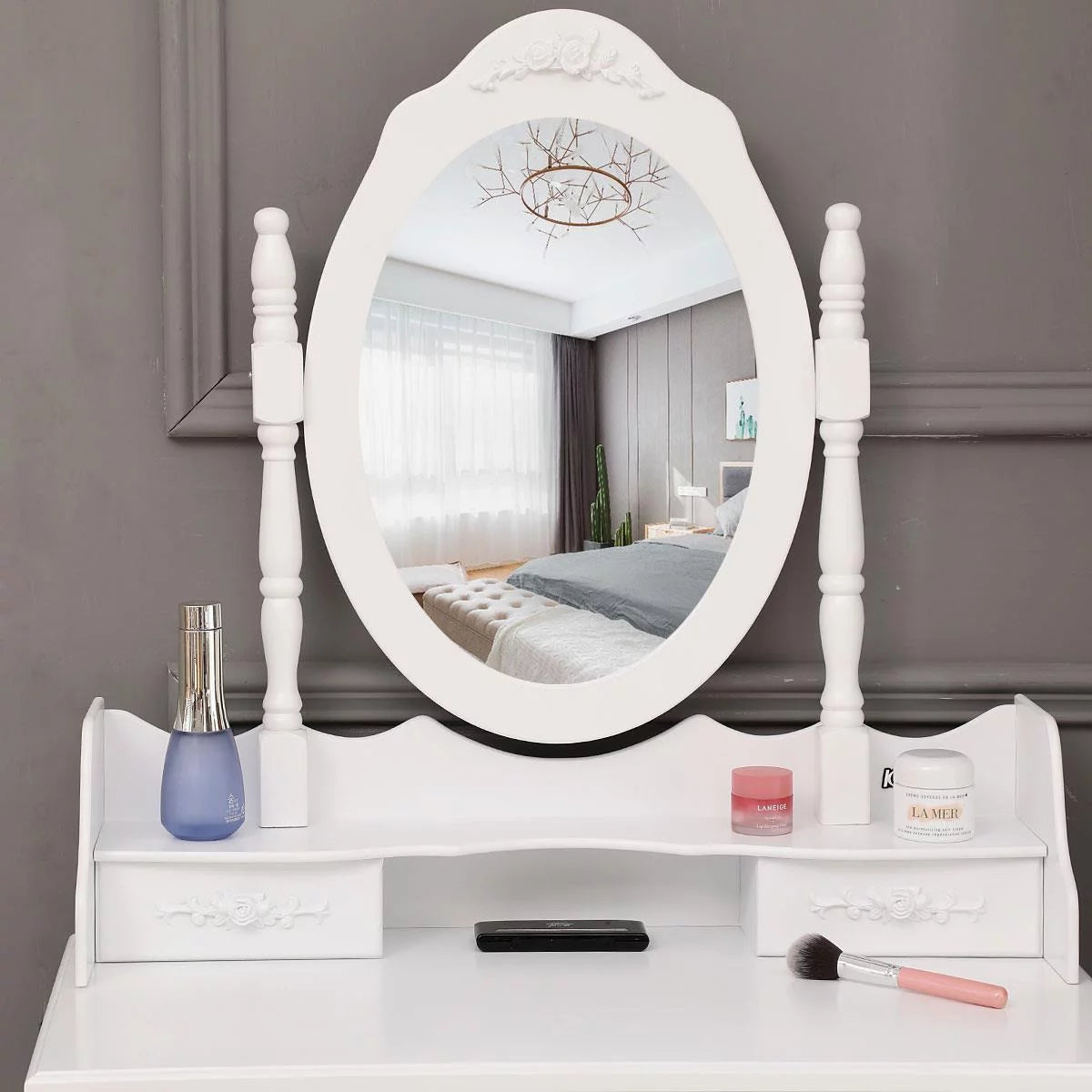White Vanity Table and Stool Set with 4 Drawers & Mirror H34253