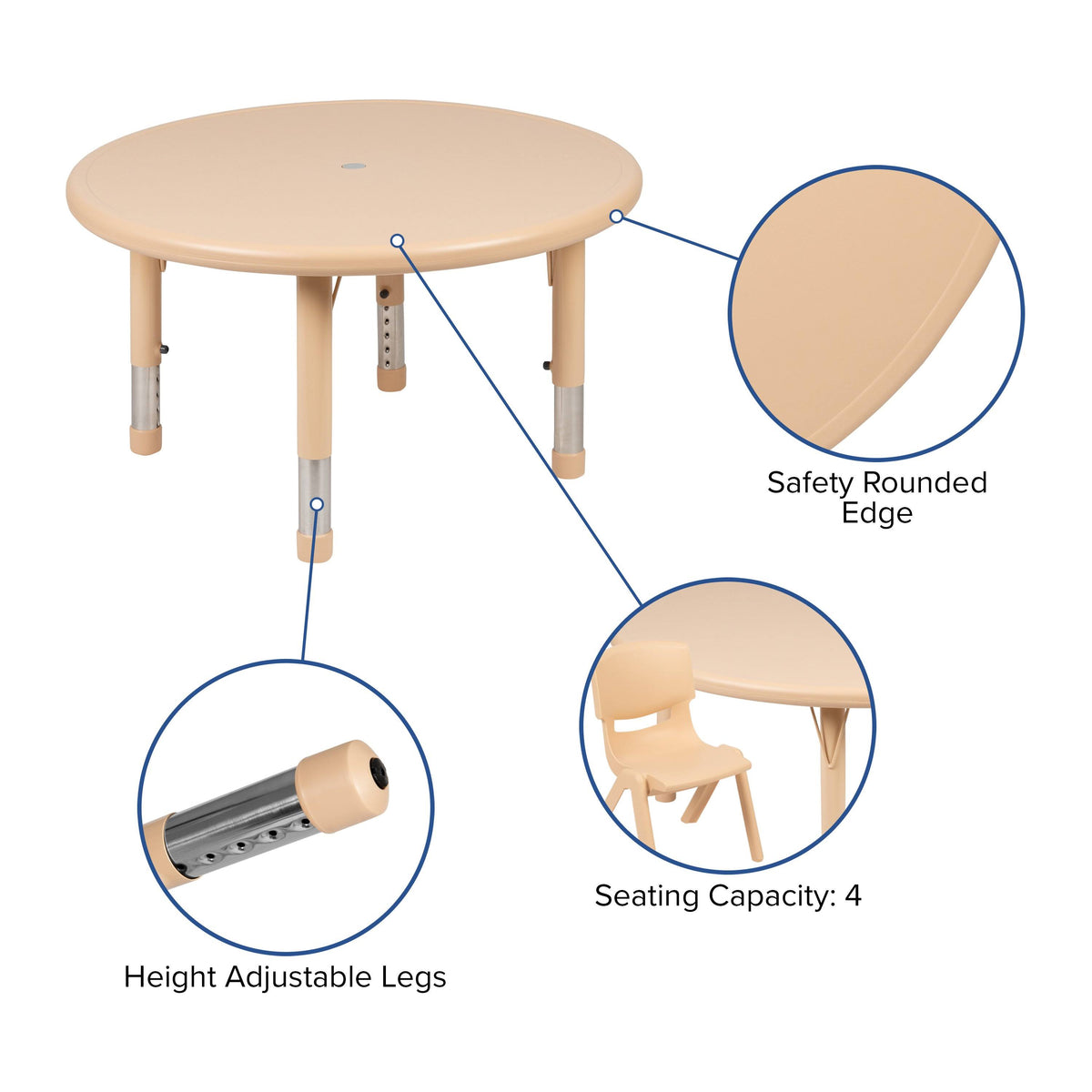 33x22 Round Natural Plastic Height Adjustable Activity Table K945