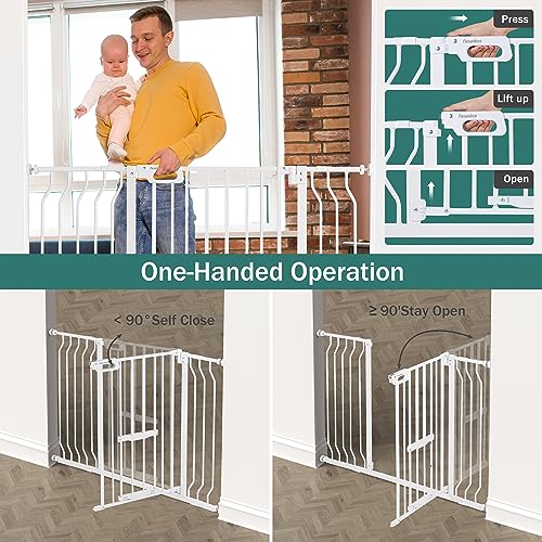 White 33" Tall Extra Wide Auto Close Walk Thru Safety Gate with Small Pet Door E256528