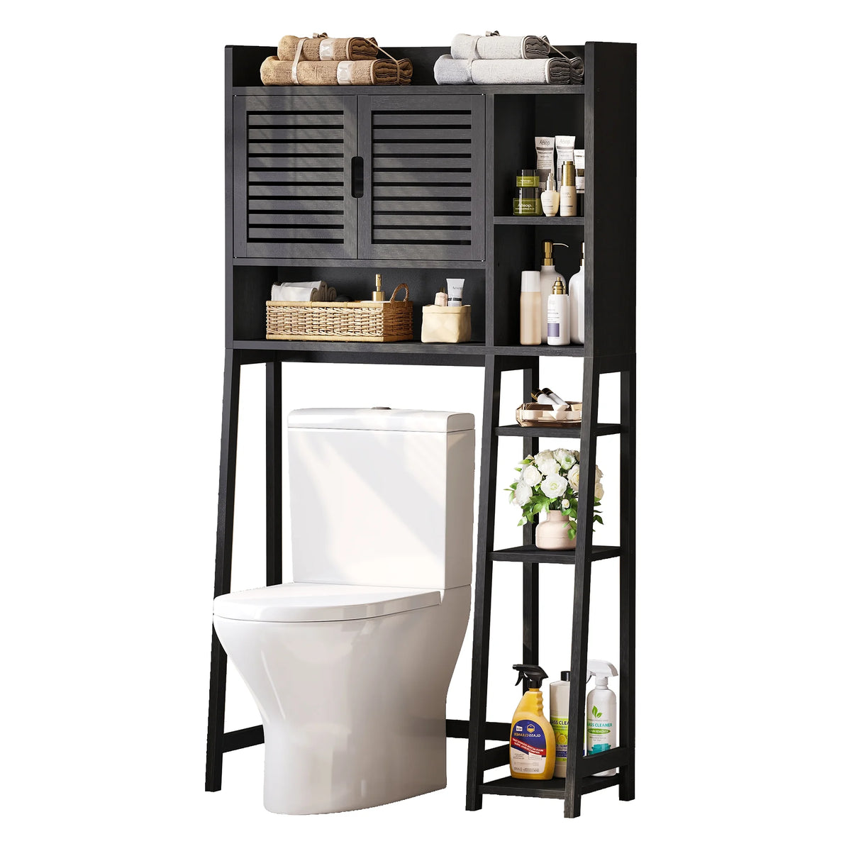 Black Over The Toilet Storage Cabinet with Door and Adjustable Shelf Z9614