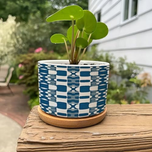 Blue and White Ceramic Planters with Drainage Holes and Saucers Q533298