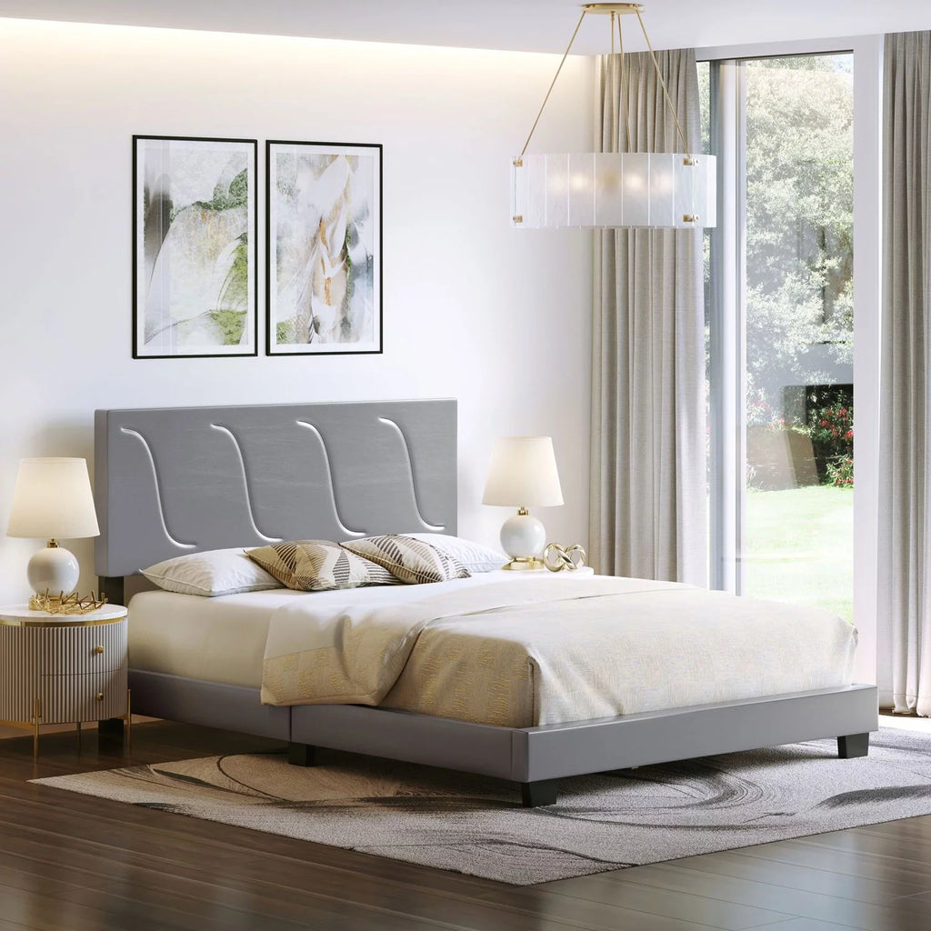 Grey Faux Leather King Platform Bed Frame and Headboard W193