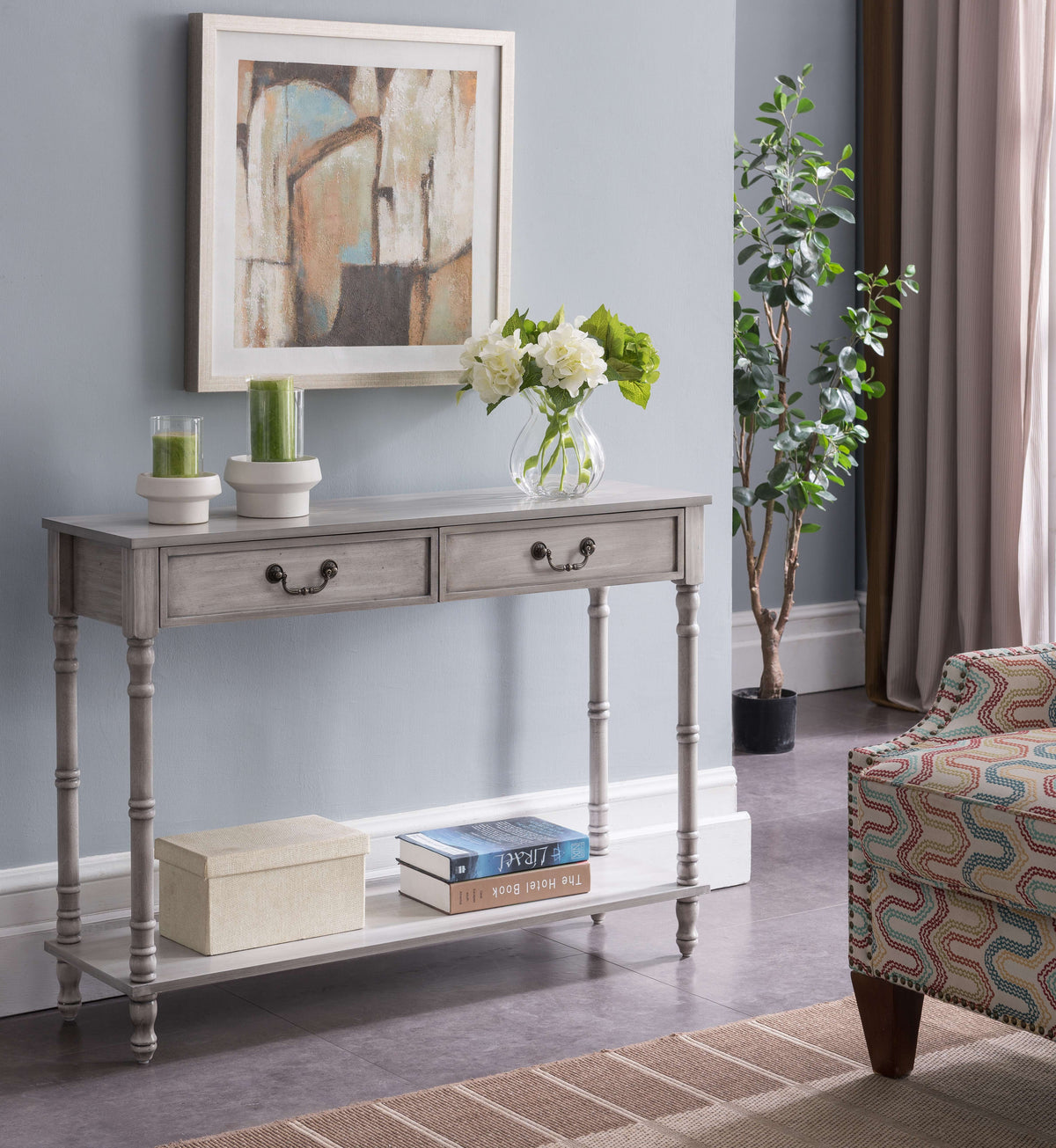 Washed Oak 2 Drawer Console Table with Shelf F460419