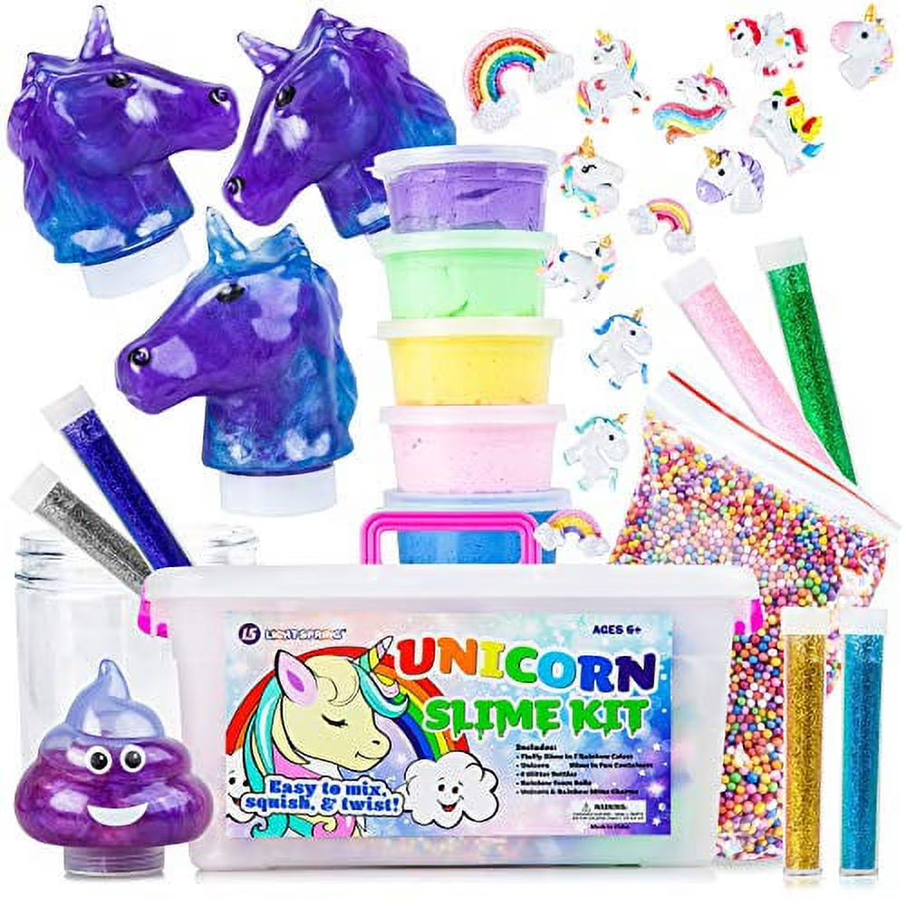 Unicorn Slime Kit with Fluffy Slime, Charms, Emoji Slime, Floam Beads, Glitter Add Ins DIY Slime Making Kit and Slime Accessories F990634