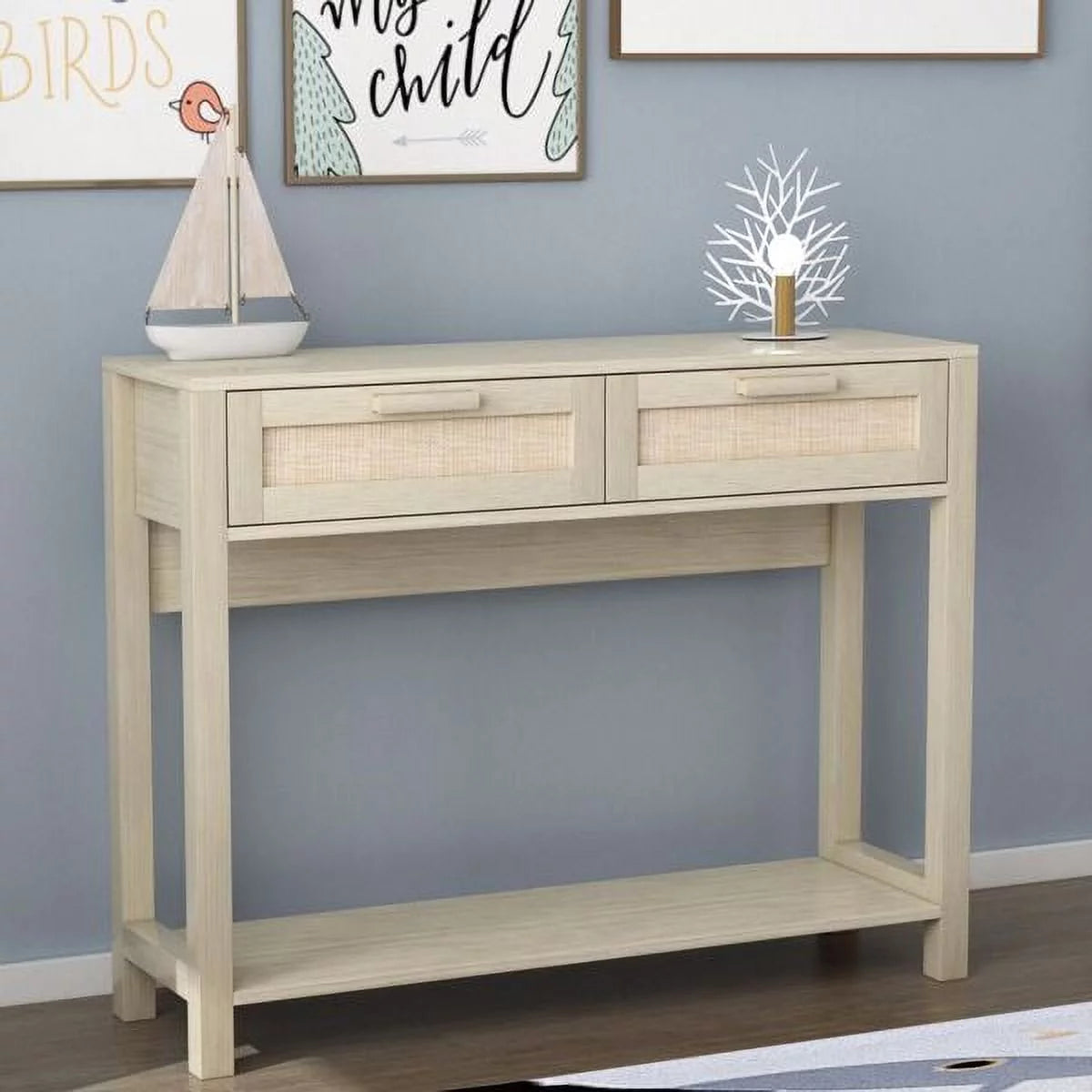 39.4" Rattan Console Table with 2 Drawers Wood Narrow F504