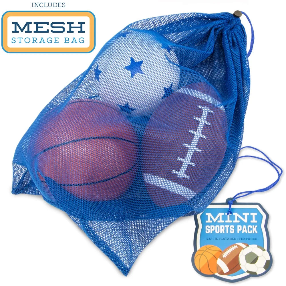 Mini Sports Pack: Inflatable Football, Soccer Ball, Basketball in Mini Mesh Bag N6949