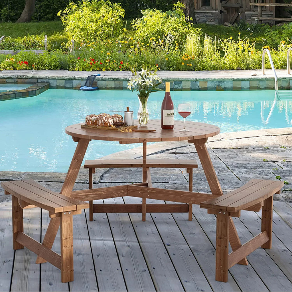 6 People Wooden Picnic Table Bench Set with Umbrella Hole F651177