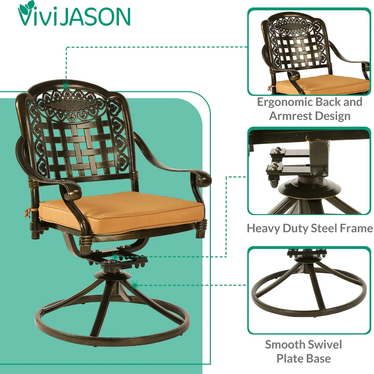 2-Piece Cast Aluminum Swivel Rocker Patio Dining Chairs with Cushion I302997