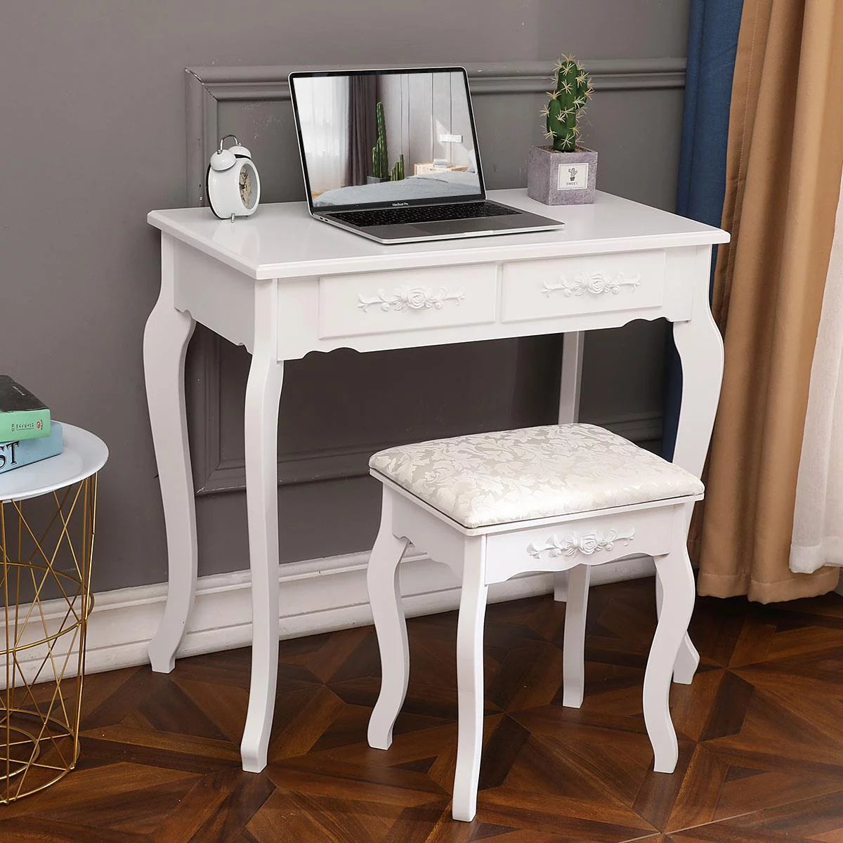 White Vanity Table and Stool Set with 4 Drawers & Mirror H34253