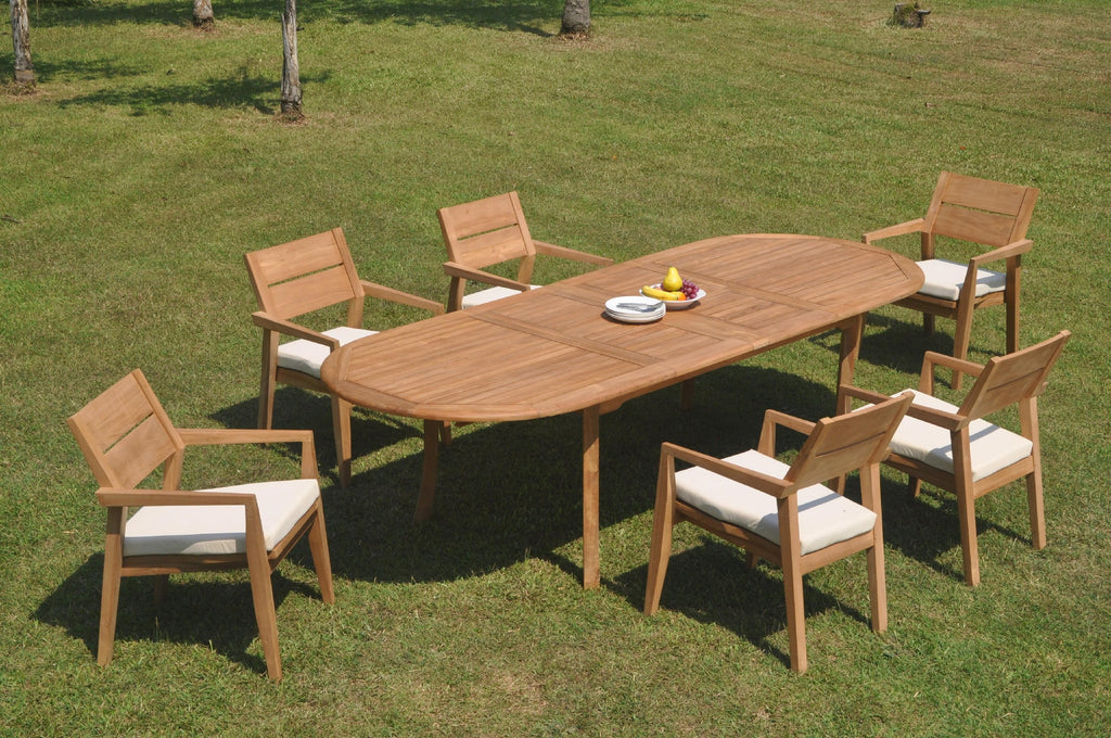 Grade-A Teak 7 Pc Dining Set with 118" Oval Table and 6 Stacking Arm Chairs M561425