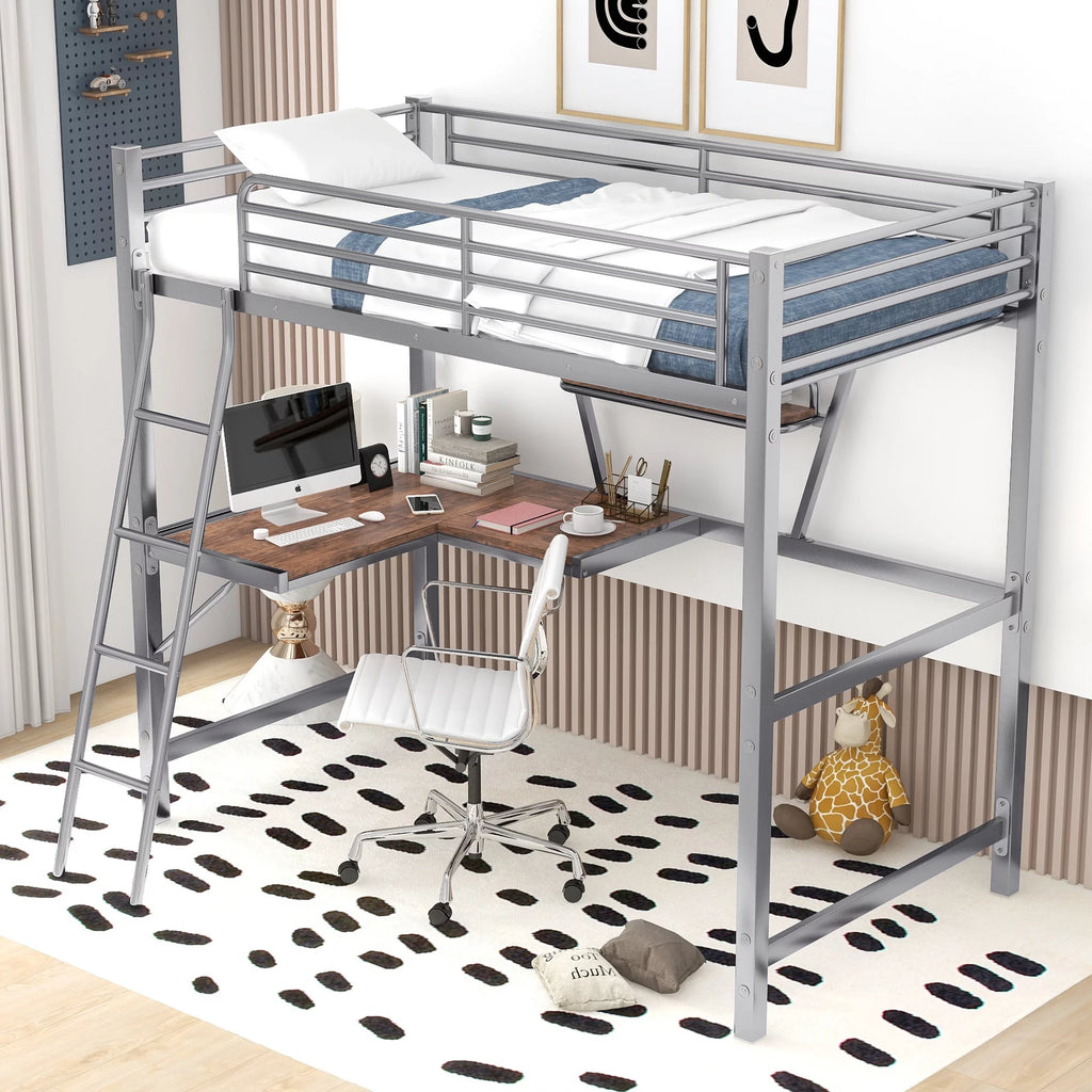 Twin Size Metal Loft Bed with Desk and Storage Shelf W384