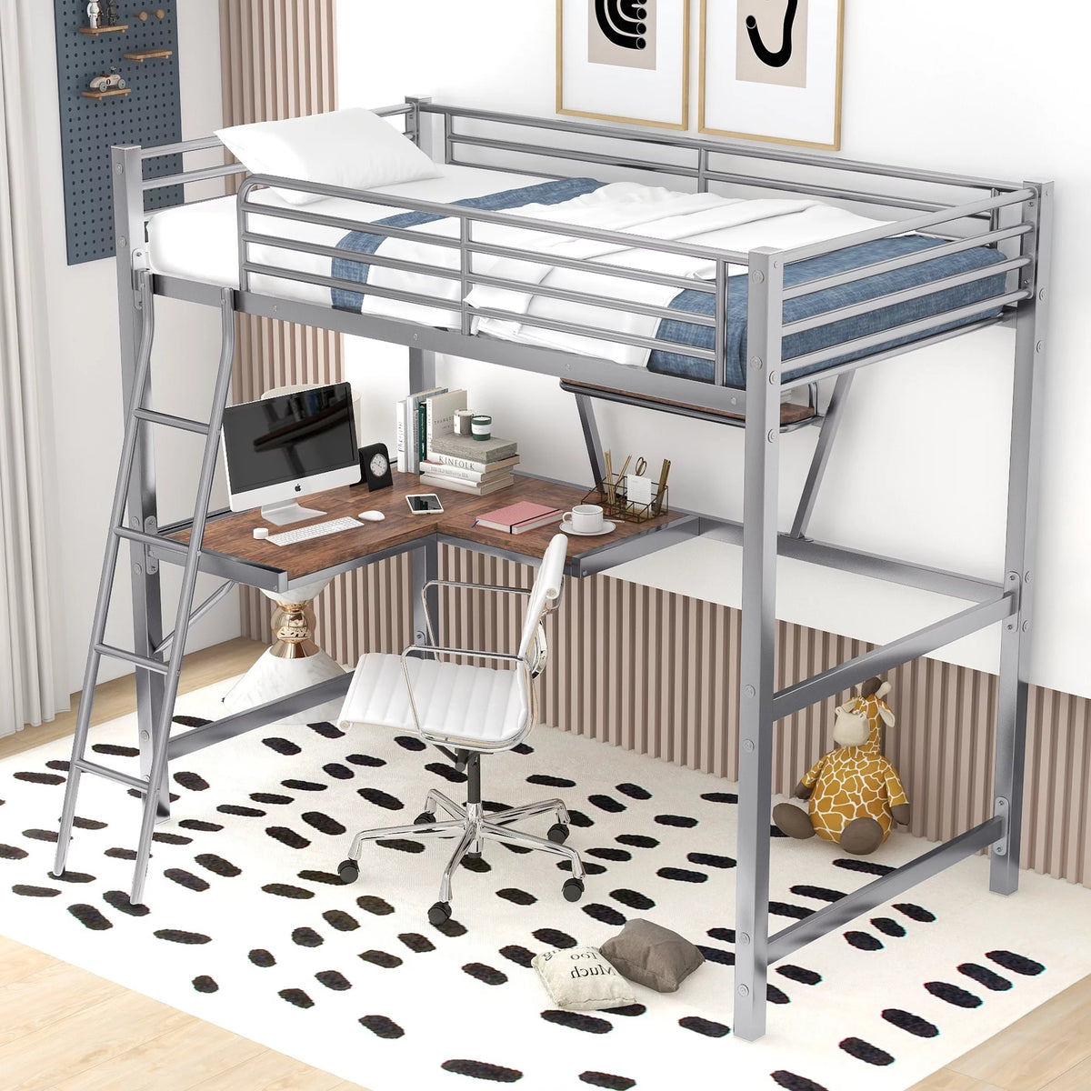 Twin Size Metal Loft Bed with Desk and Storage Shelf W384