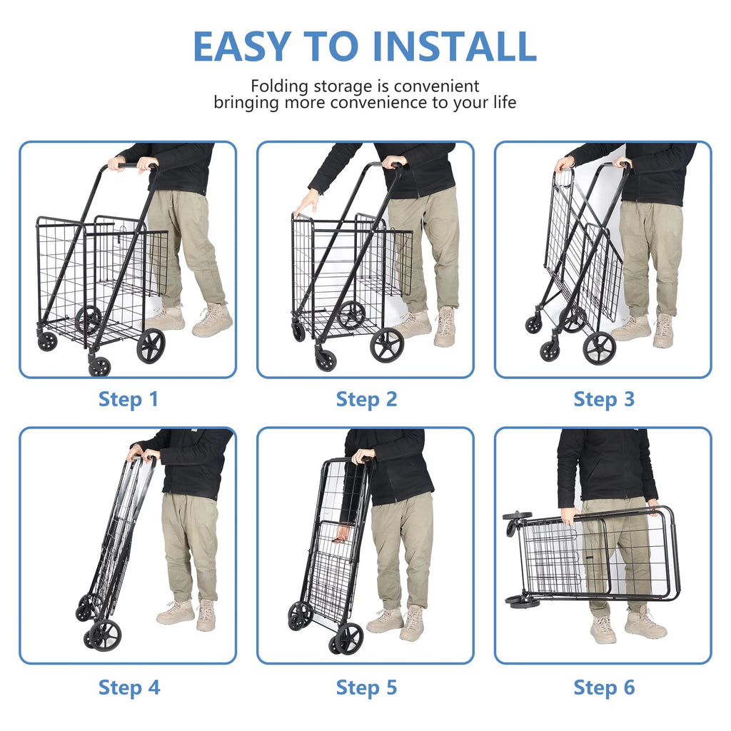 Black Folding Utility Shopping Cart with Double Basket and Wheels S24030