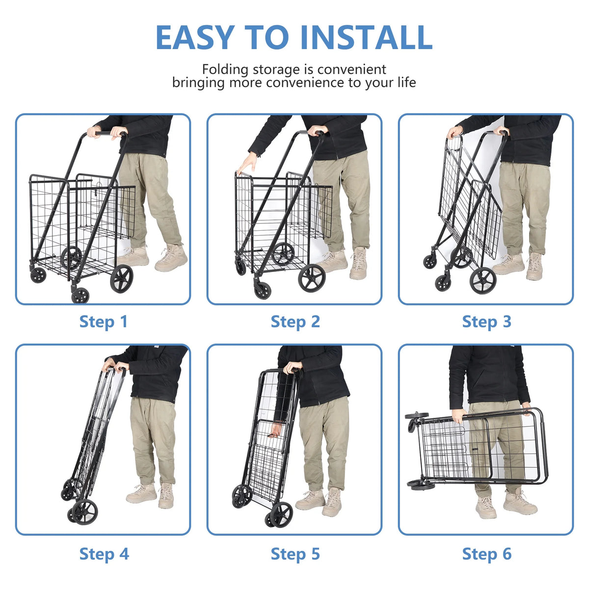 Black Folding Utility Shopping Cart with Double Basket and Wheels S24030