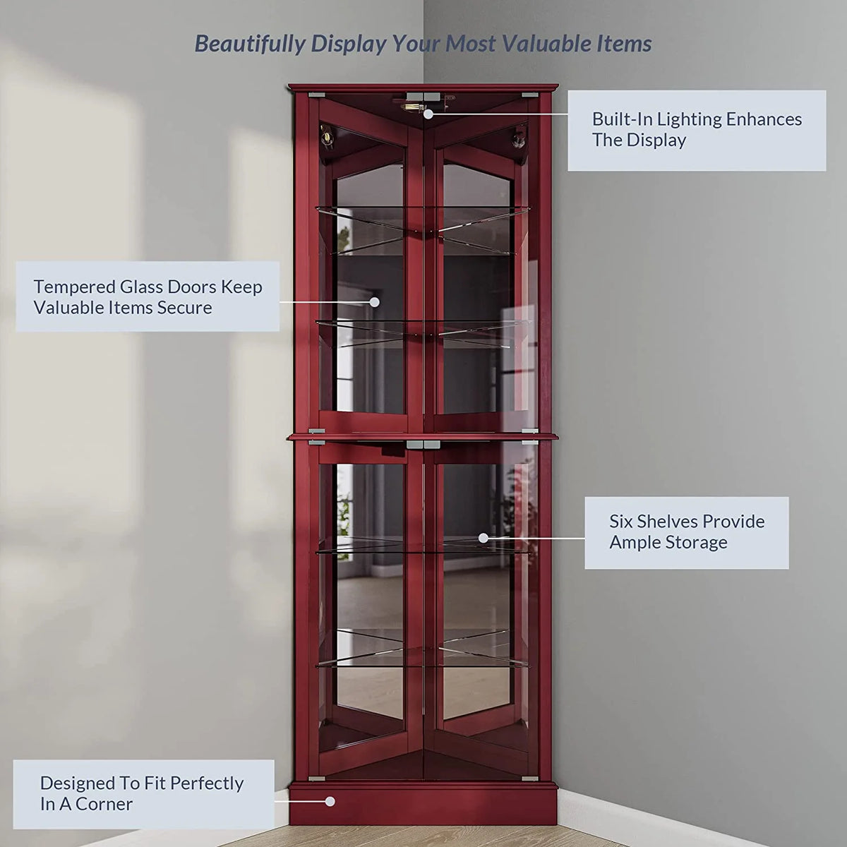 Lighted Corner Curio Cabinet with Tempered Glass Door, 6 Shelves U55795
