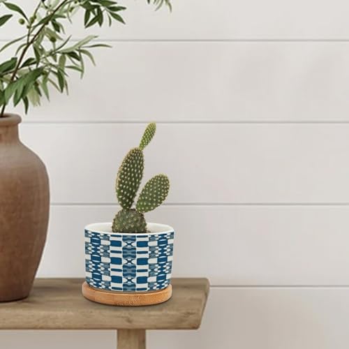 Blue and White Ceramic Planters with Drainage Holes and Saucers Q533298