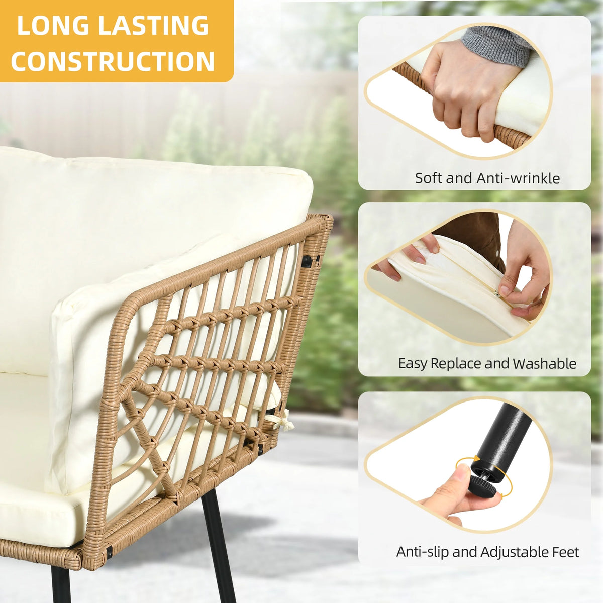 Beige Wicker L-Shaped Sofa Set with Cushions and Coffee Table A4445