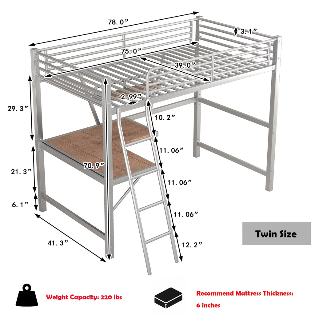 Twin Size Metal Loft Bed with Desk and Storage Shelf W384