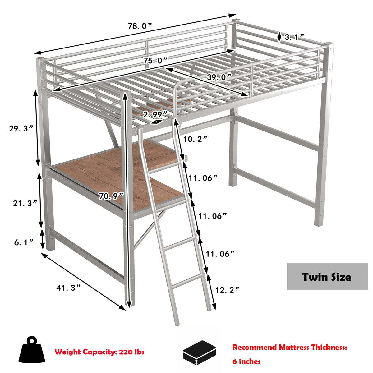 Twin Size Metal Loft Bed with Desk and Storage Shelf W384