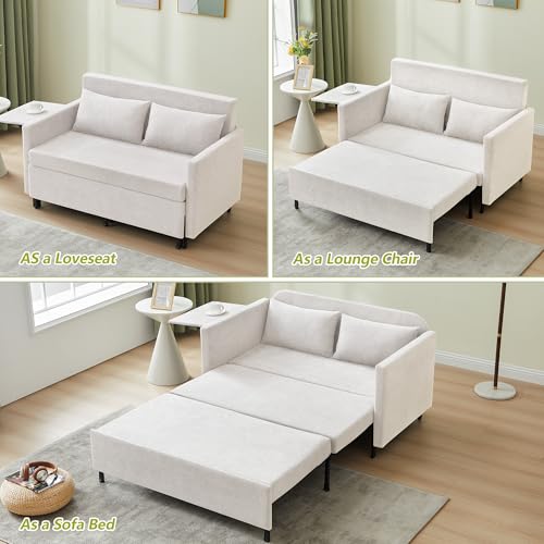 3-in-1 Sleeper Sofa Bed, 51'' Convertible Folding Couch with Pullout Bed, Chenille Futon Sleeper Sofa with Side Table and 2 Pillows, Grey F321044