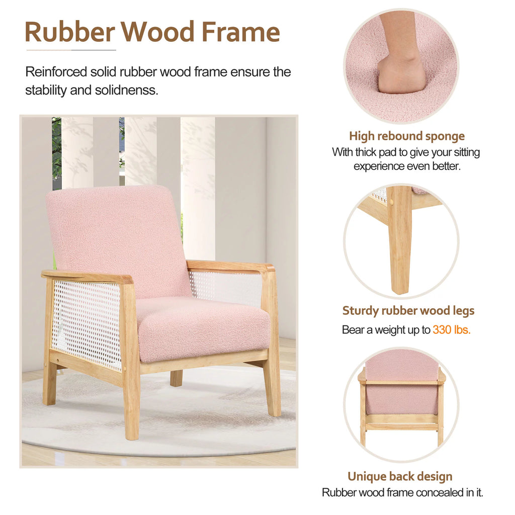 Pink Teddy Short Plush Particle Velvet Rattan Mesh Upholstered Accent Armchair T635