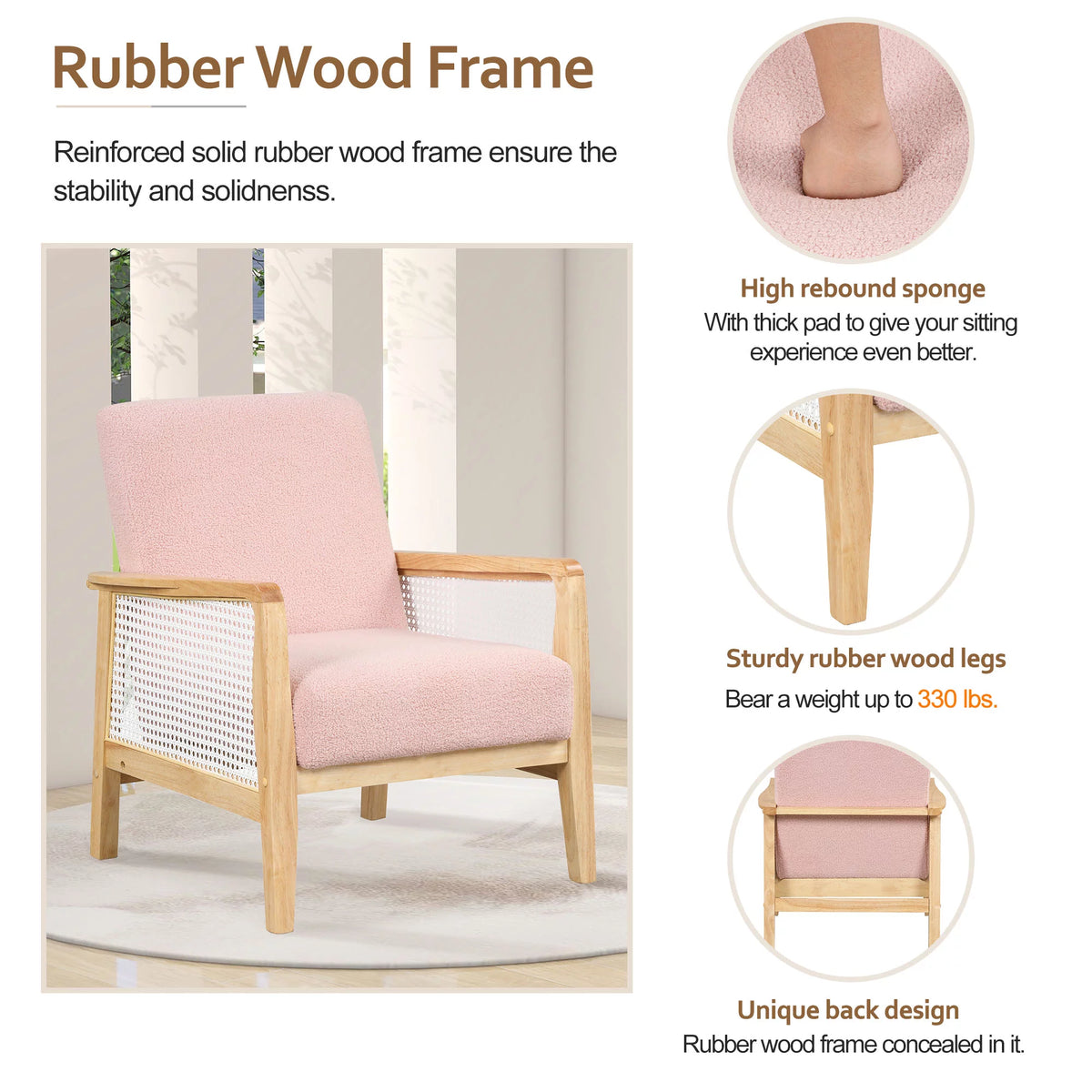 Pink Teddy Short Plush Particle Velvet Rattan Mesh Upholstered Accent Armchair T635