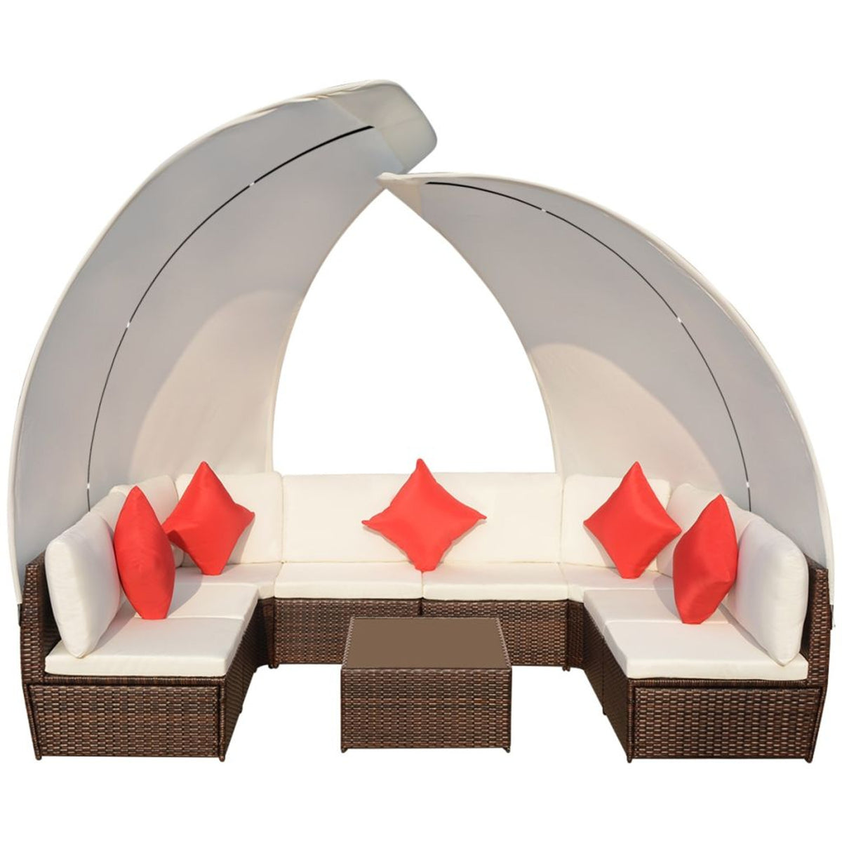 9 Piece Cream White Cushioned Poly Rattan Outdoor Furniture Set J30049