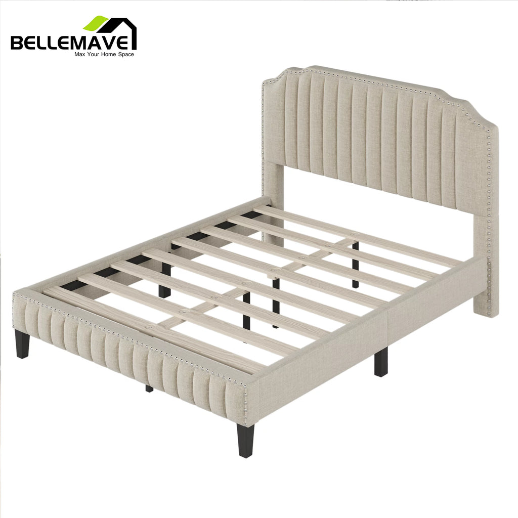 Linen Upholstered Platform Bed Frame Queen Size with Headboard W567