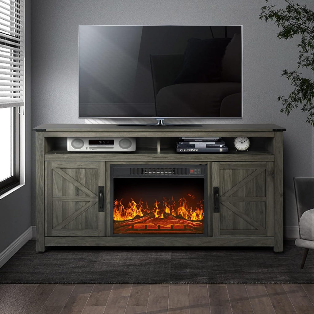 Gray Barn Door TV Stand with 2 Storage Cabinets and Open Shelves W7352