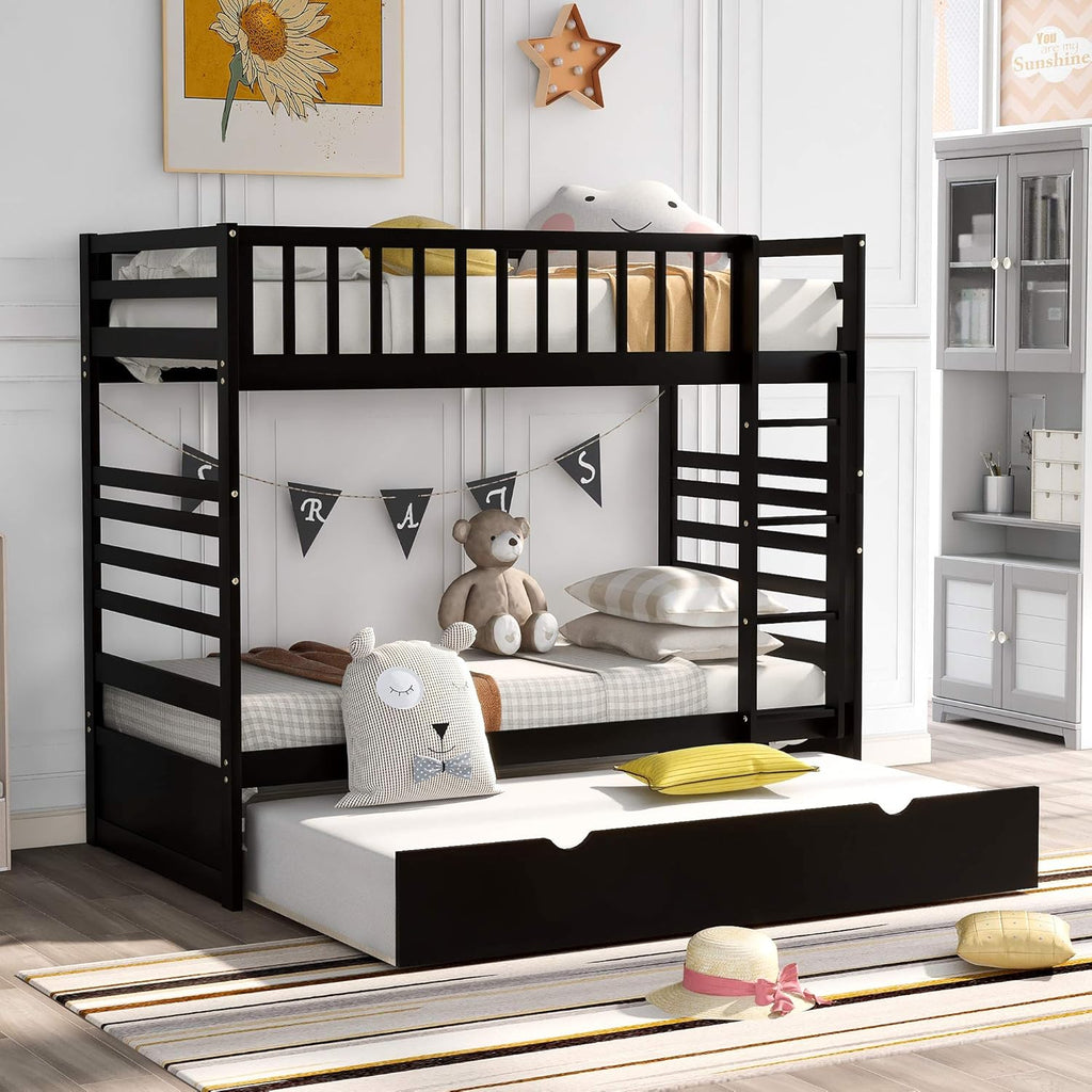 Full Over Full Pine Wood Bunk Bed with Trundle and Guardrail X740183