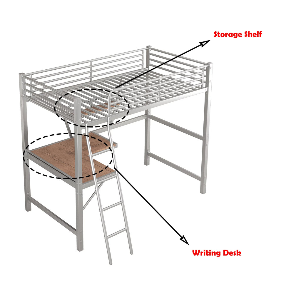 Twin Size Metal Loft Bed with Desk and Storage Shelf W384