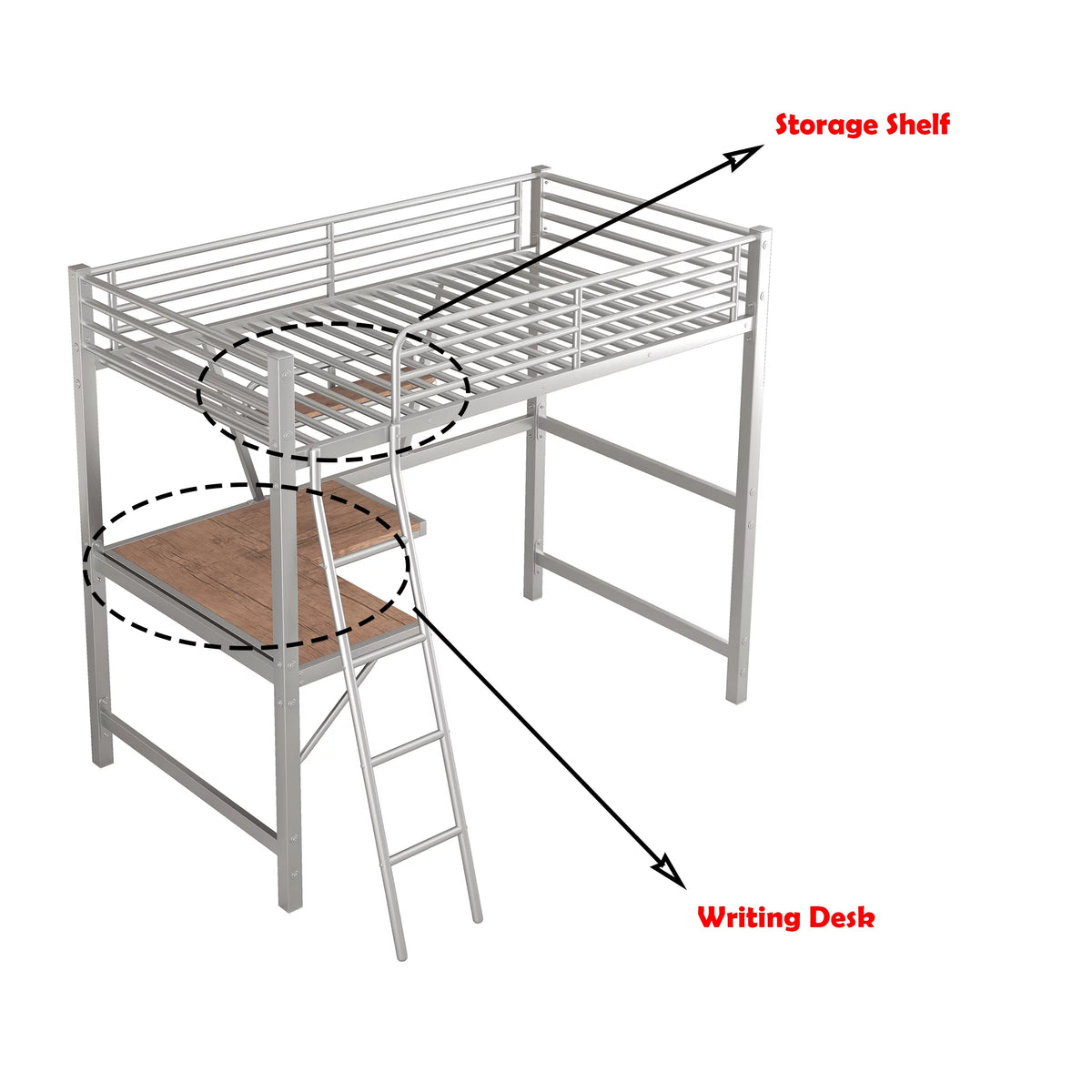 Twin Size Metal Loft Bed with Desk and Storage Shelf W384
