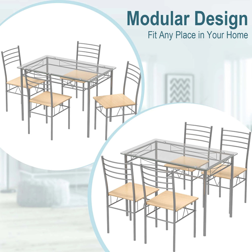 5 Piece Dining Set Table and 4 Chairs Glass Top Brown M349
