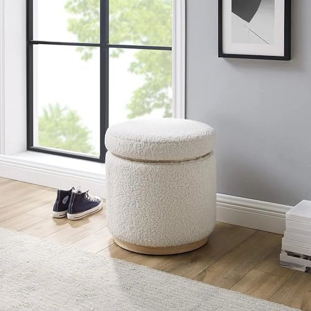 Natural Sherpa Round Ottoman with Wood Accent P90703