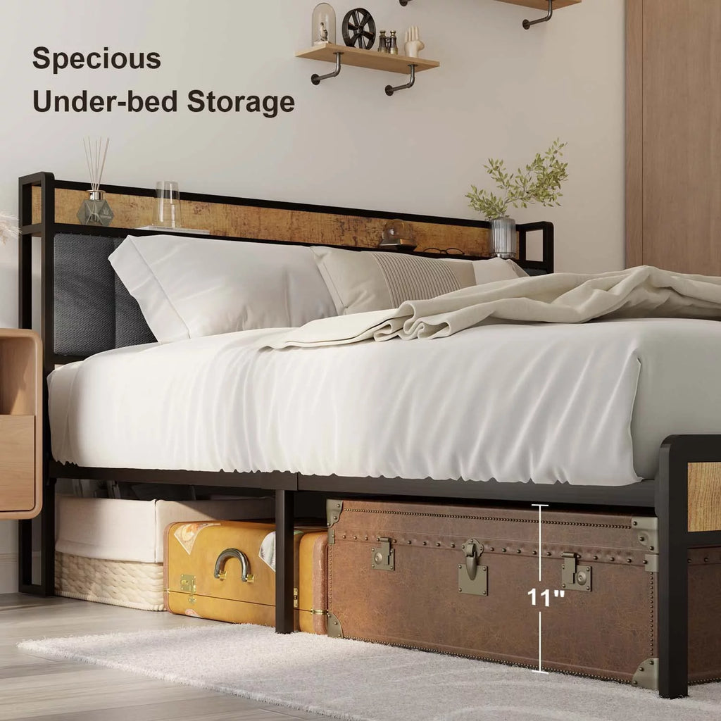 Full Size Bed Frame with Storage Headboard Dark Gray C398818
