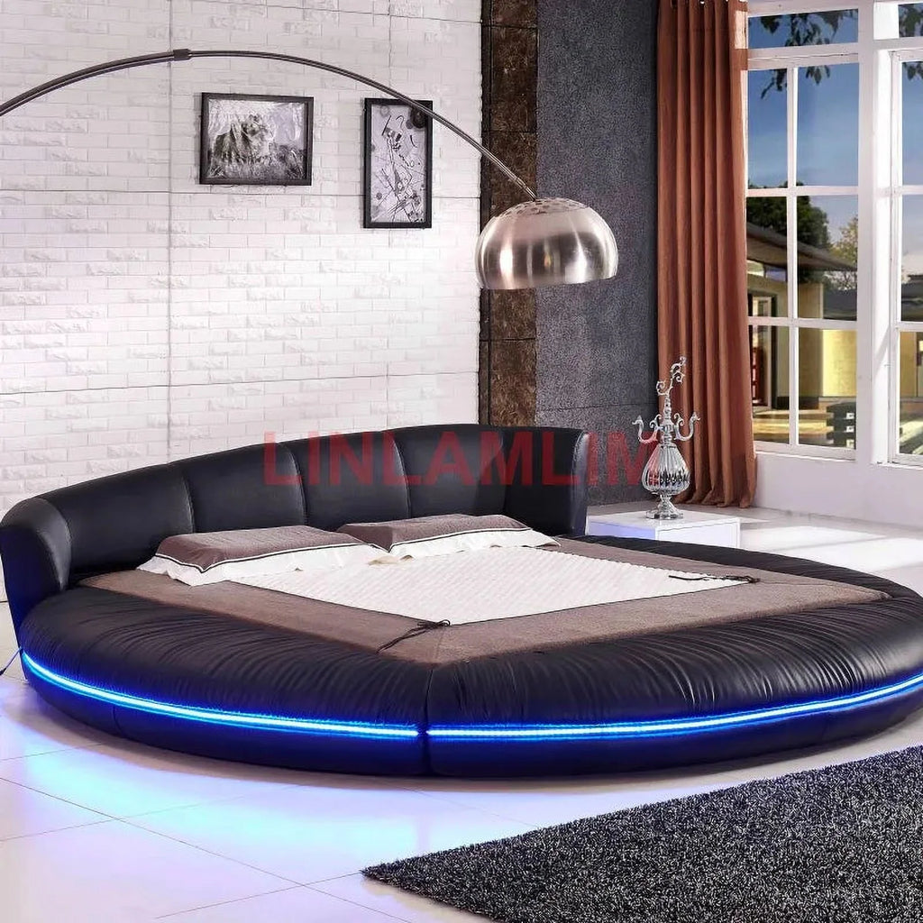 LED Light Round Bed Frame Genuine Leather Bed J3004