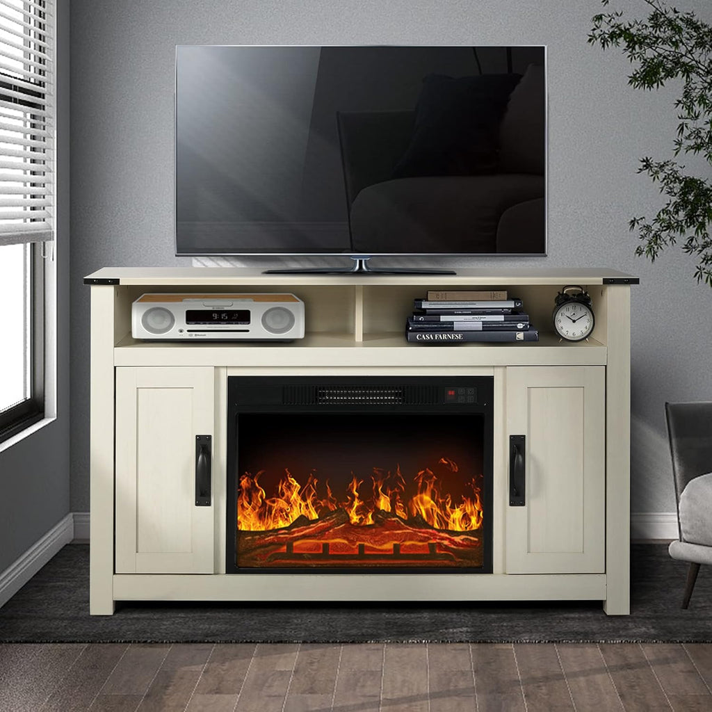 Gray Barn Door TV Stand with 2 Storage Cabinets and Open Shelves W7352
