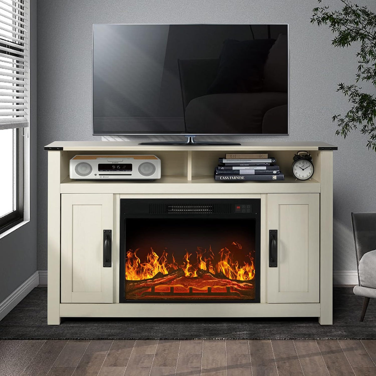 Gray Barn Door TV Stand with 2 Storage Cabinets and Open Shelves W7352