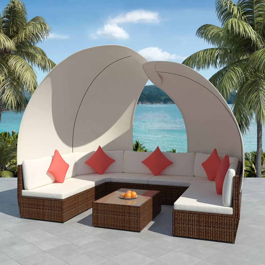 9 Piece Cream White Cushioned Poly Rattan Outdoor Furniture Set J30049