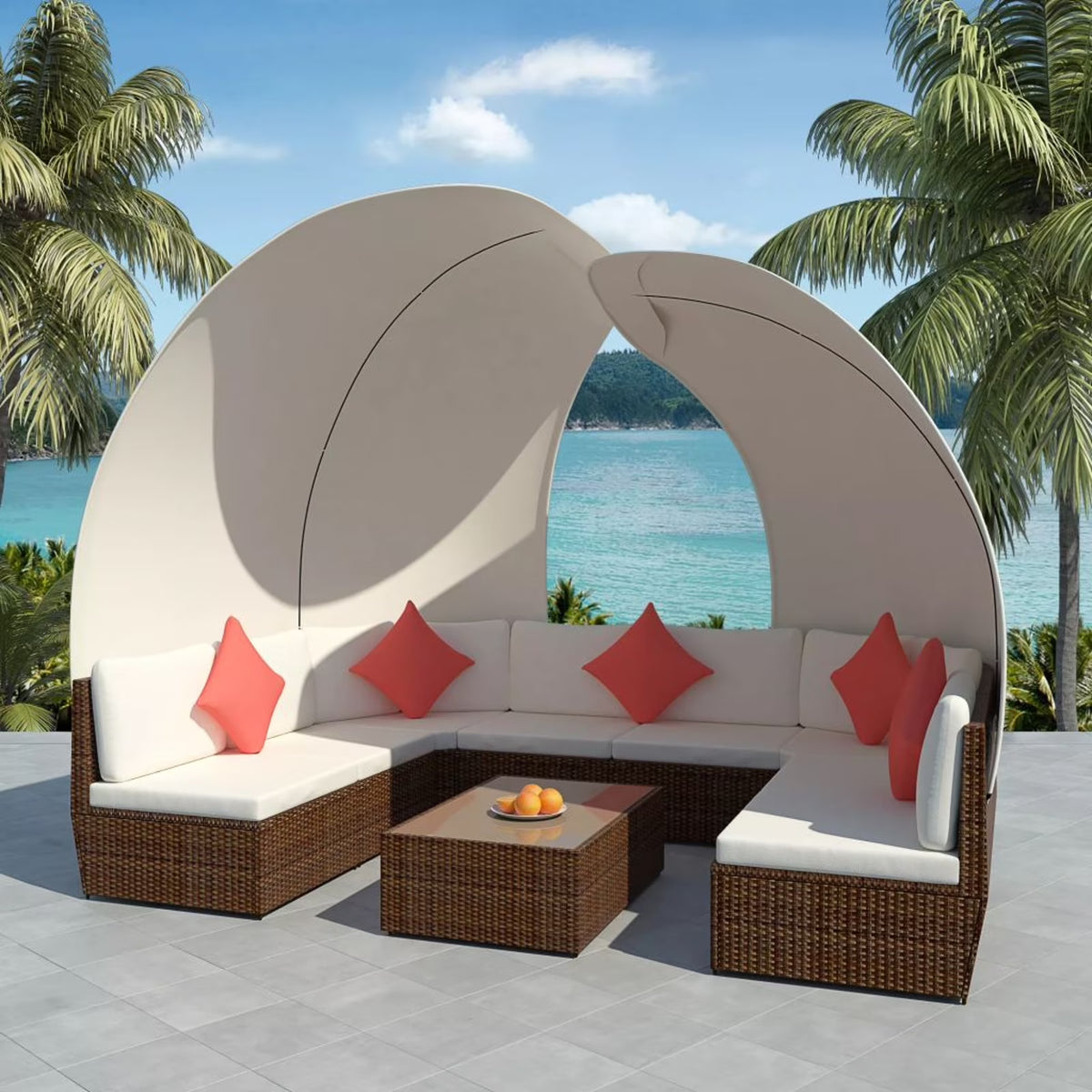 9 Piece Cream White Cushioned Poly Rattan Outdoor Furniture Set J30049