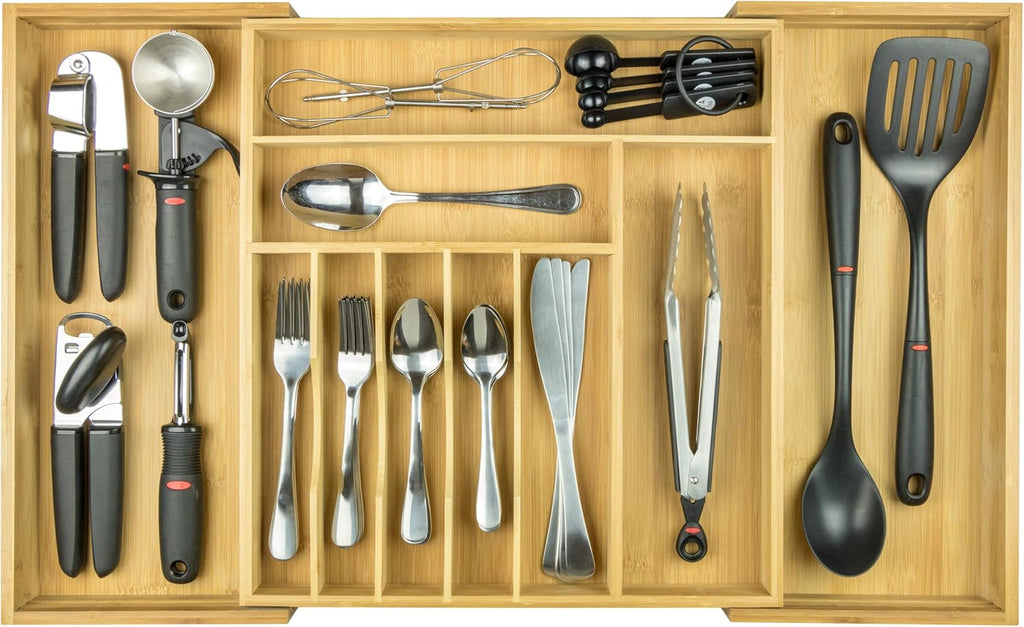 Expandable 28 Inch Bamboo Utensil Organizer, 10 Compartments, Pack of 2 X24642